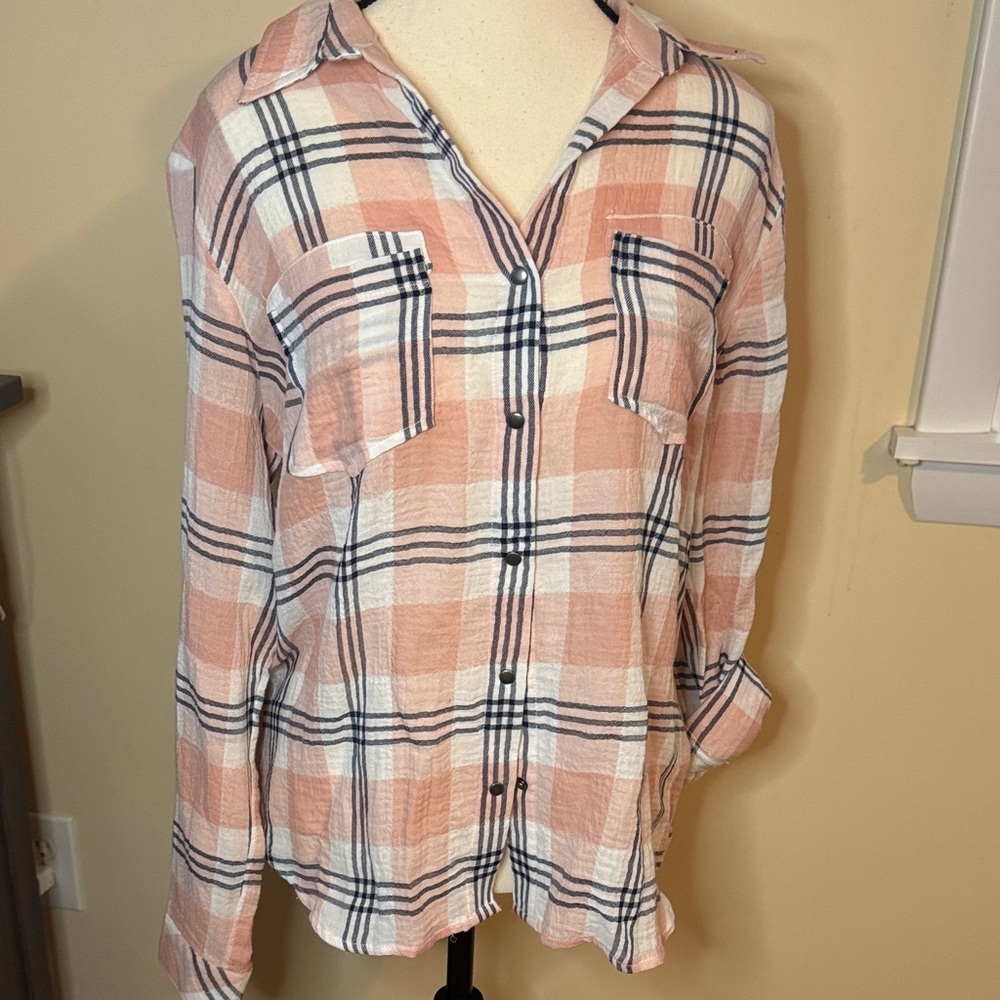 NEW Kut from the Kloth – Shirred Cotton Blend Plaid Button-Down Shirt‎ – SM